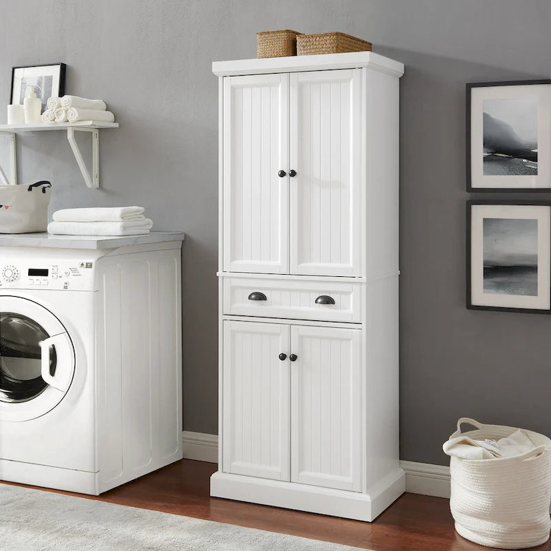 Coastal White Pantry Cabinet with Beadboard and Adjustable Shelves