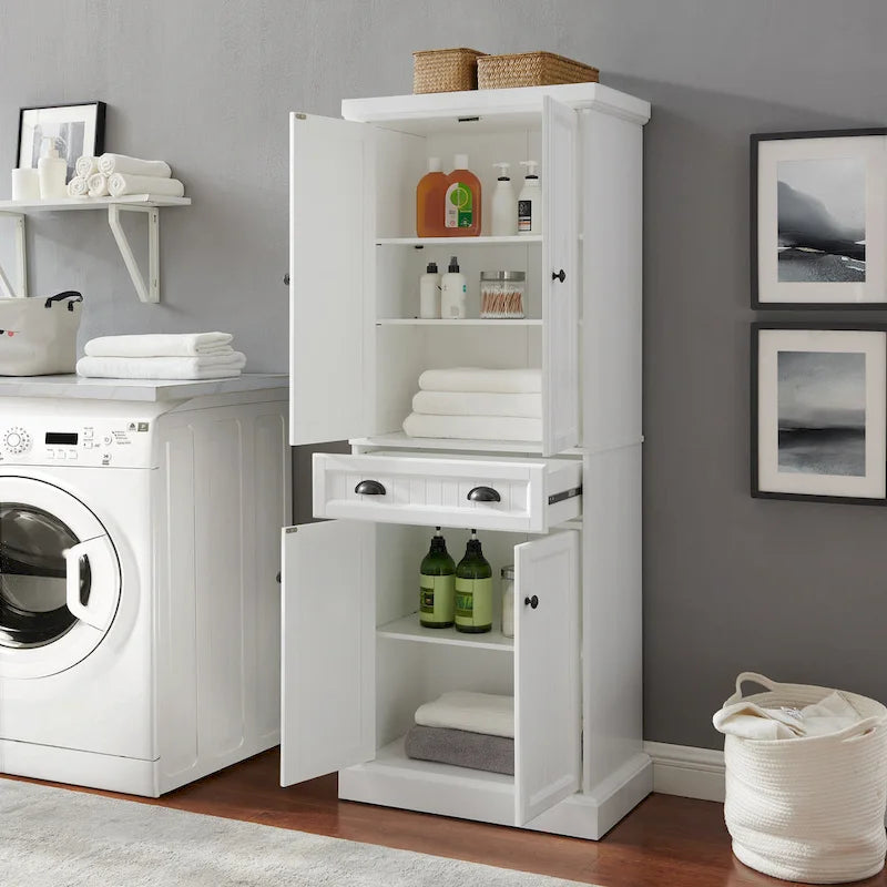 Coastal White Pantry Cabinet with Beadboard and Adjustable Shelves