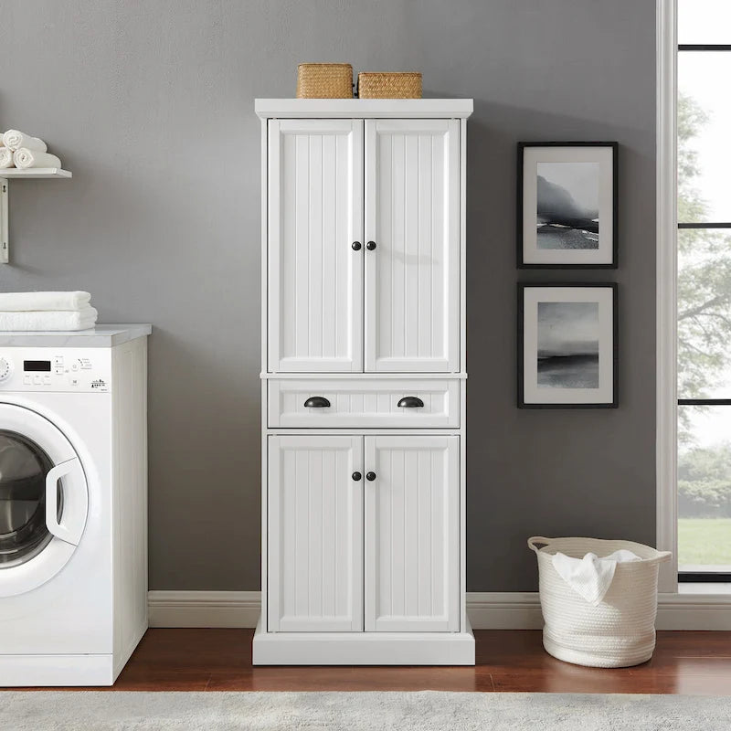 Coastal White Pantry Cabinet with Beadboard and Adjustable Shelves