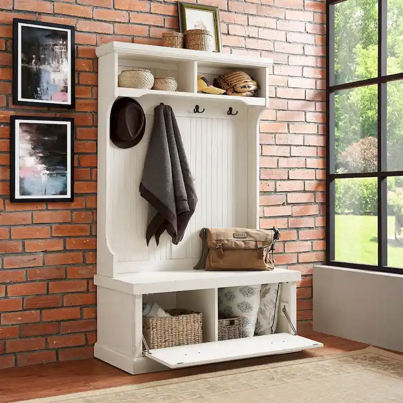 Distressed White Hall Tree with Bench and Coat Hooks