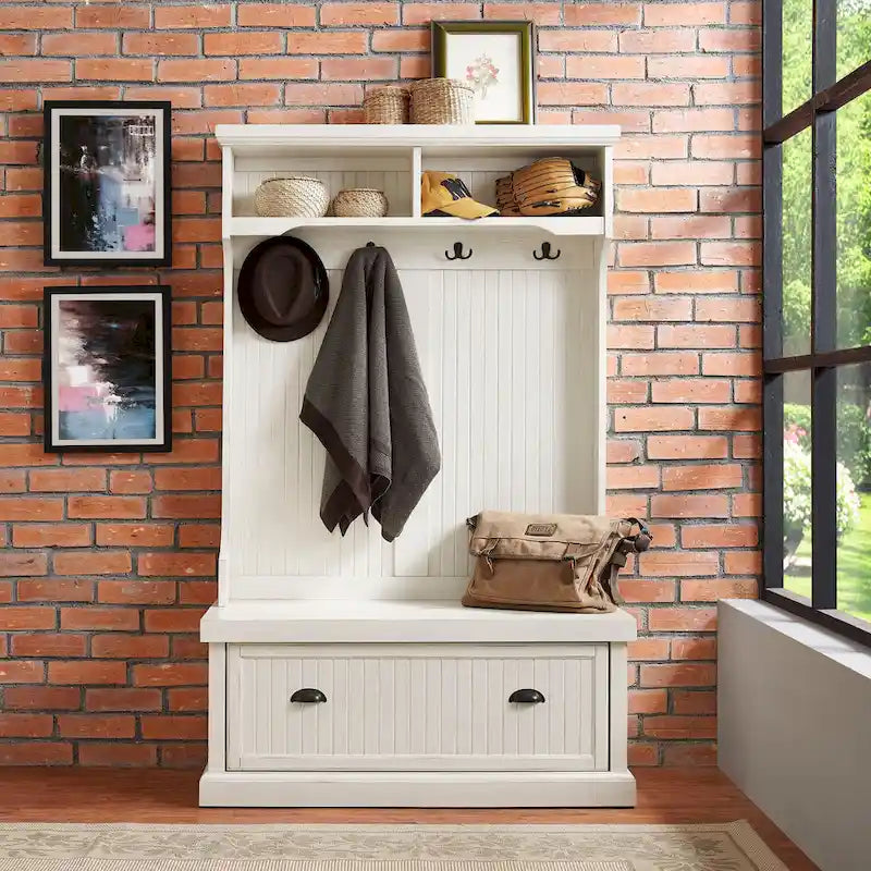 Distressed White Hall Tree with Bench and Coat Hooks