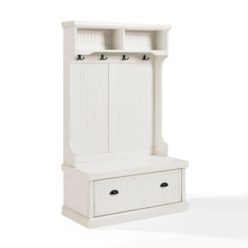 Distressed White Hall Tree with Bench and Coat Hooks
