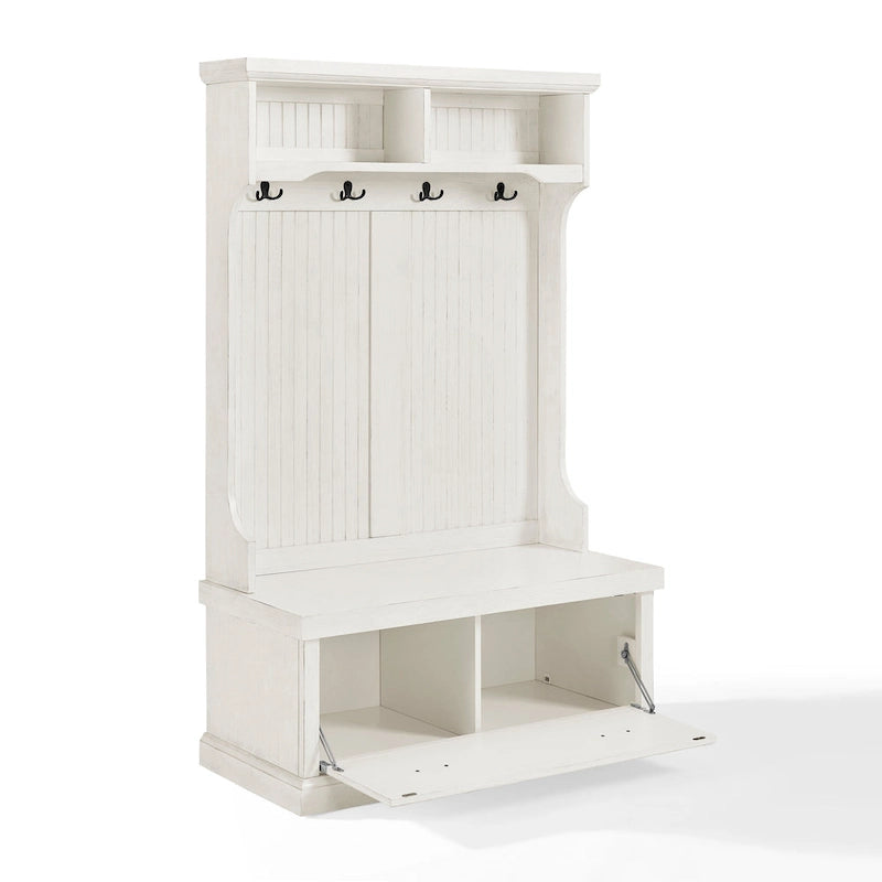 Distressed White Hall Tree with Bench and Coat Hooks