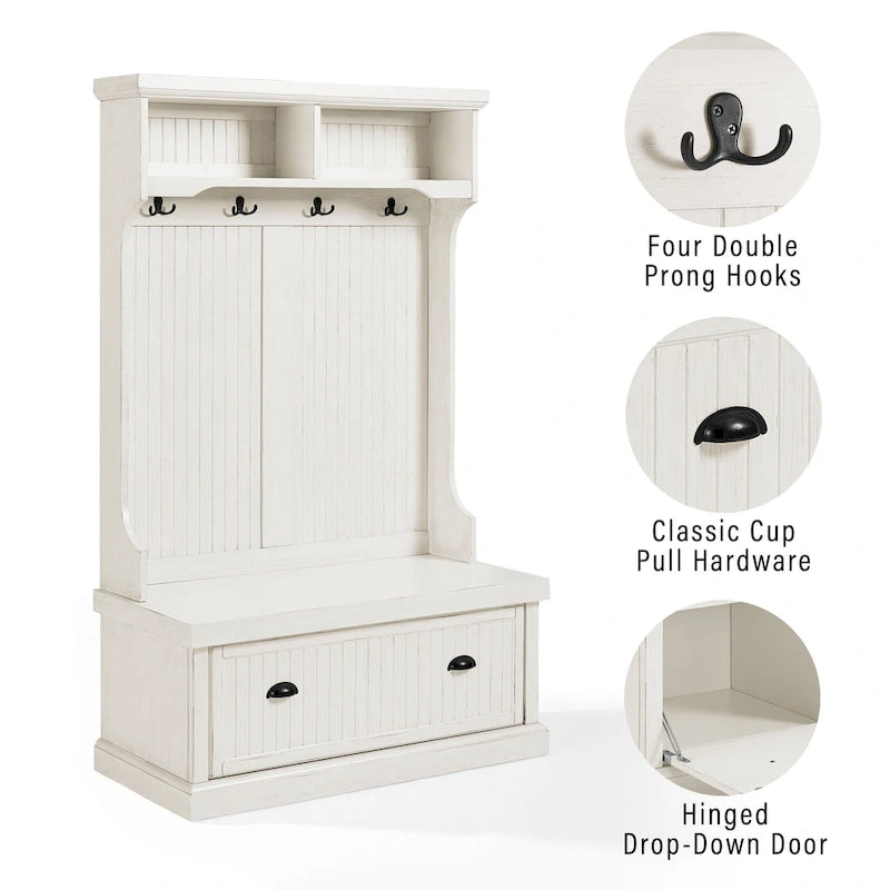 Distressed White Hall Tree with Bench and Coat Hooks
