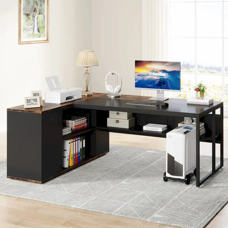 71" L-Shaped Executive Desk with Cabinet and CPU Stand