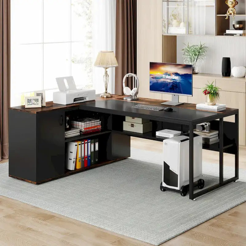 71" L-Shaped Executive Desk with Cabinet and CPU Stand