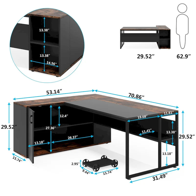 71" L-Shaped Executive Desk with Cabinet and CPU Stand