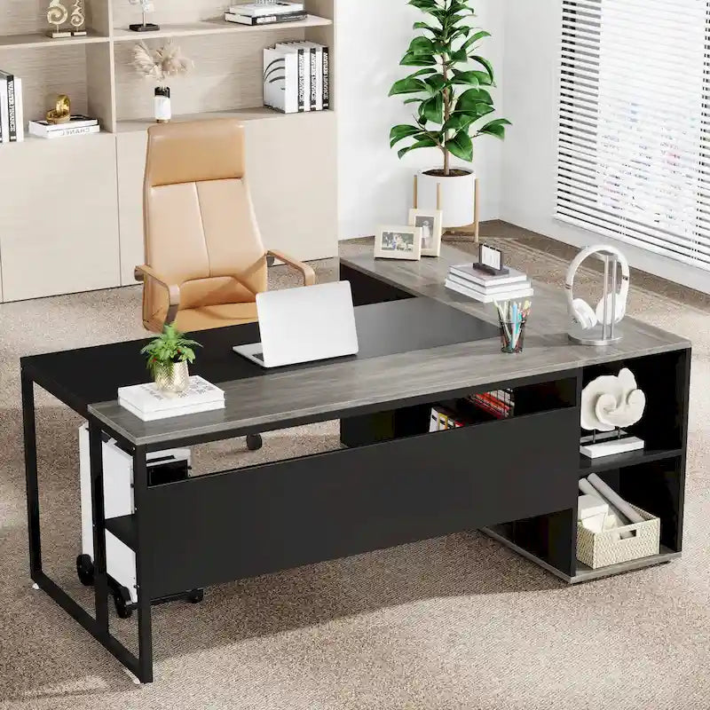 71" L-Shaped Executive Desk with Cabinet and CPU Stand