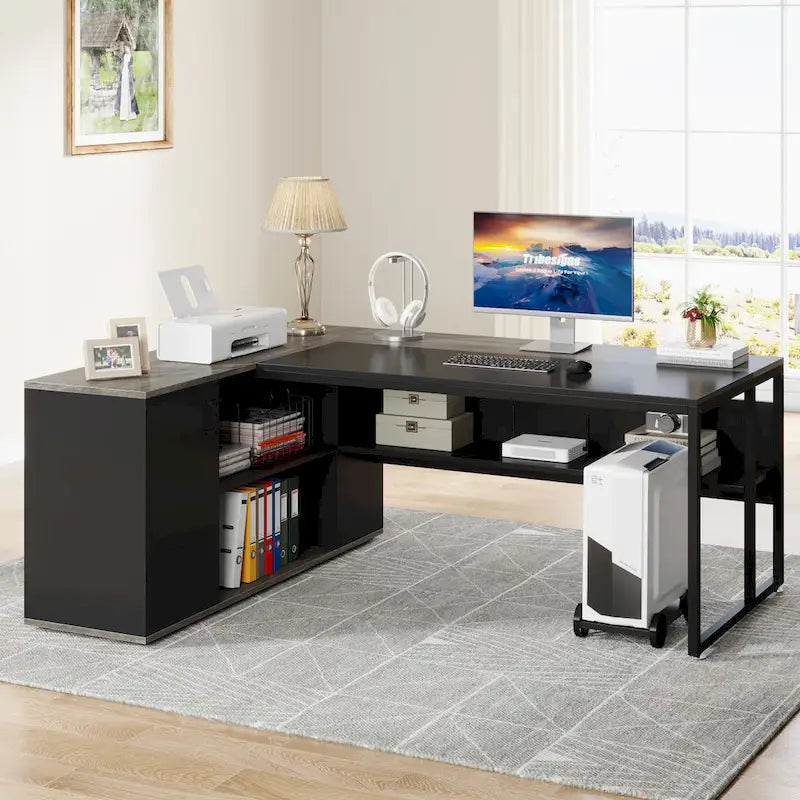 71" L-Shaped Executive Desk with Cabinet and CPU Stand