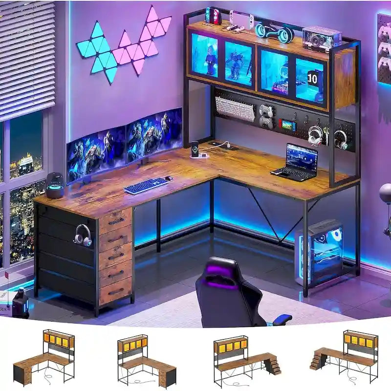 L-Shaped Gaming Desk with Pegboard, 5 Drawers, LED Lights and Power Outlets