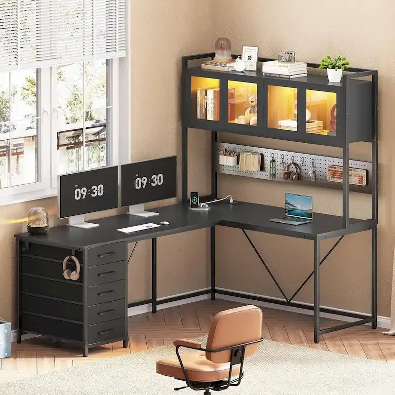 L-Shaped Gaming Desk with Pegboard, 5 Drawers, LED Lights and Power Outlets