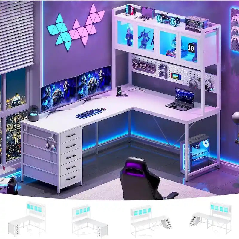 L-Shaped Gaming Desk with Pegboard, 5 Drawers, LED Lights and Power Outlets