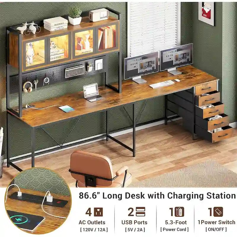 L-Shaped Gaming Desk with Pegboard, 5 Drawers, LED Lights and Power Outlets