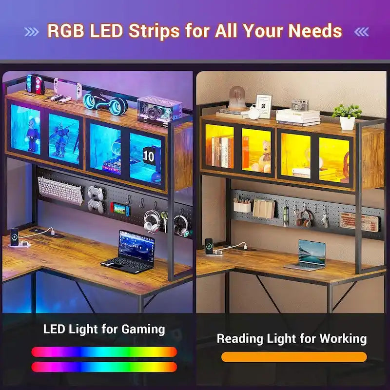 L-Shaped Gaming Desk with Pegboard, 5 Drawers, LED Lights and Power Outlets