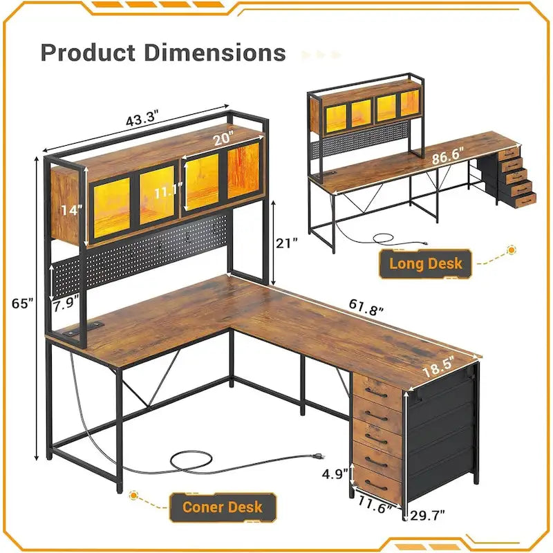 L-Shaped Gaming Desk with Pegboard, 5 Drawers, LED Lights and Power Outlets