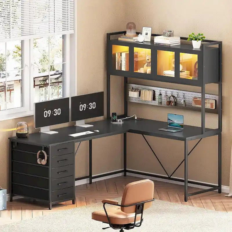 L-Shaped Gaming Desk with Pegboard, 5 Drawers, LED Lights and Power Outlets