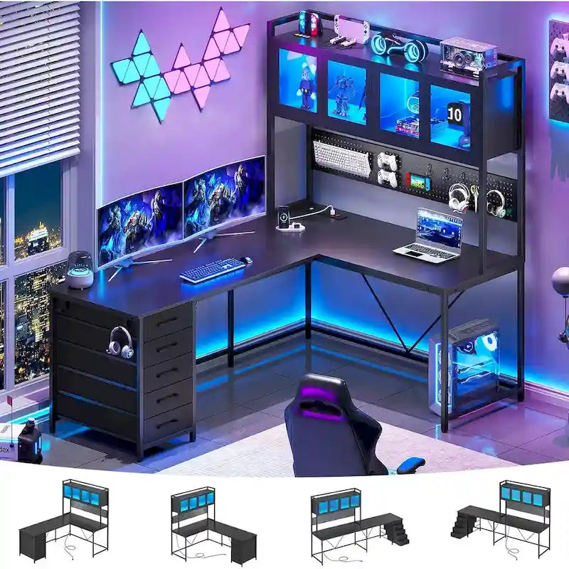 L-Shaped Gaming Desk with Pegboard, 5 Drawers, LED Lights and Power Outlets