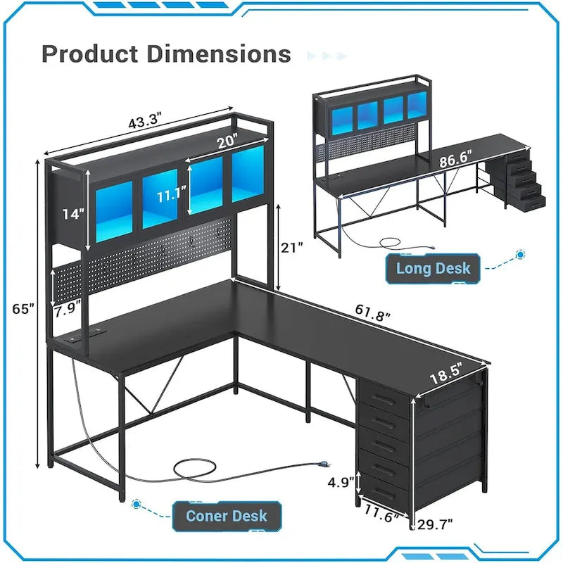L-Shaped Gaming Desk with Pegboard, 5 Drawers, LED Lights and Power Outlets