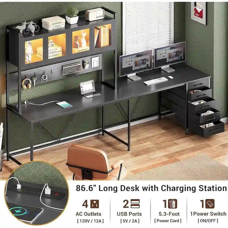 L-Shaped Gaming Desk with Pegboard, 5 Drawers, LED Lights and Power Outlets