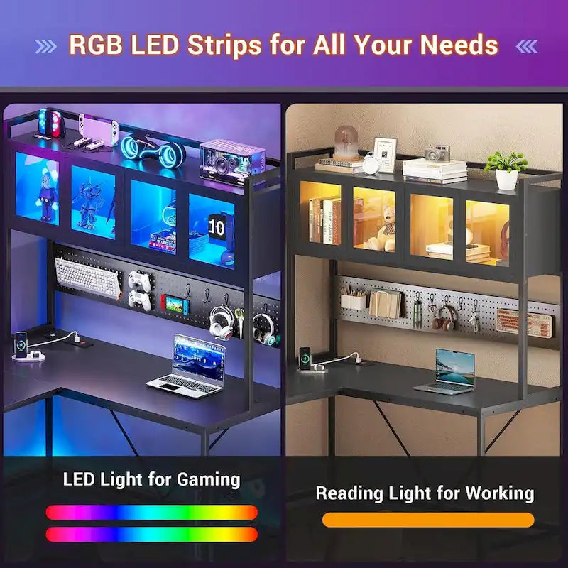 L-Shaped Gaming Desk with Pegboard, 5 Drawers, LED Lights and Power Outlets