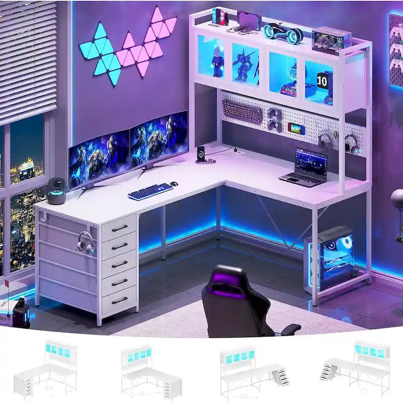 L-Shaped Gaming Desk with Pegboard, 5 Drawers, LED Lights and Power Outlets