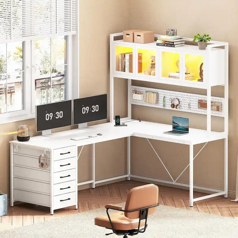 L-Shaped Gaming Desk with Pegboard, 5 Drawers, LED Lights and Power Outlets