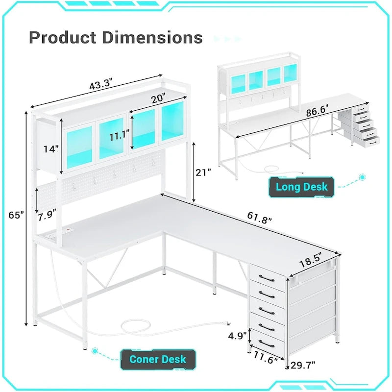 L-Shaped Gaming Desk with Pegboard, 5 Drawers, LED Lights and Power Outlets