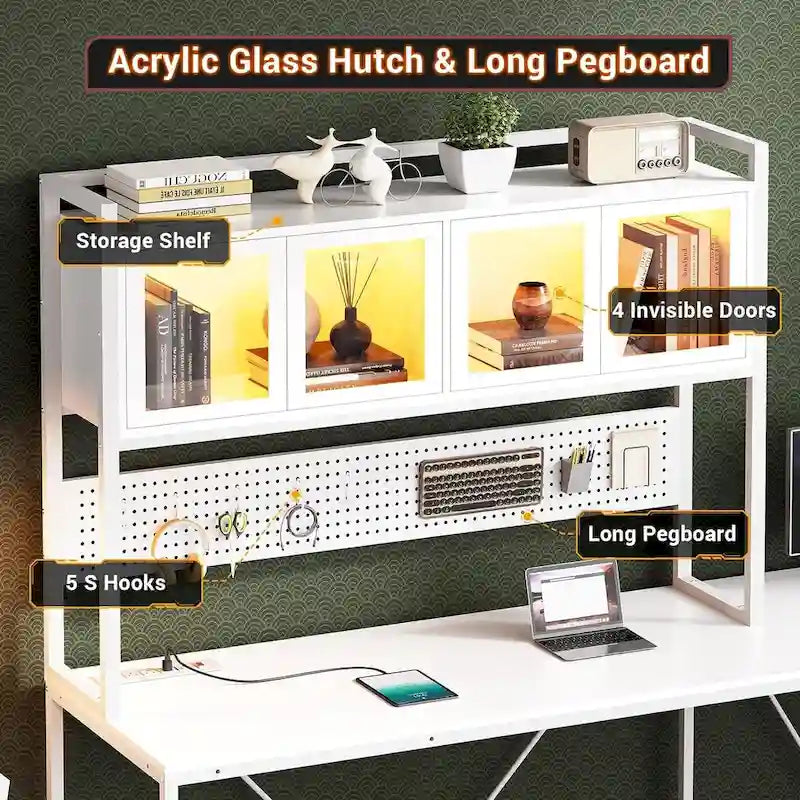 L-Shaped Gaming Desk with Pegboard, 5 Drawers, LED Lights and Power Outlets