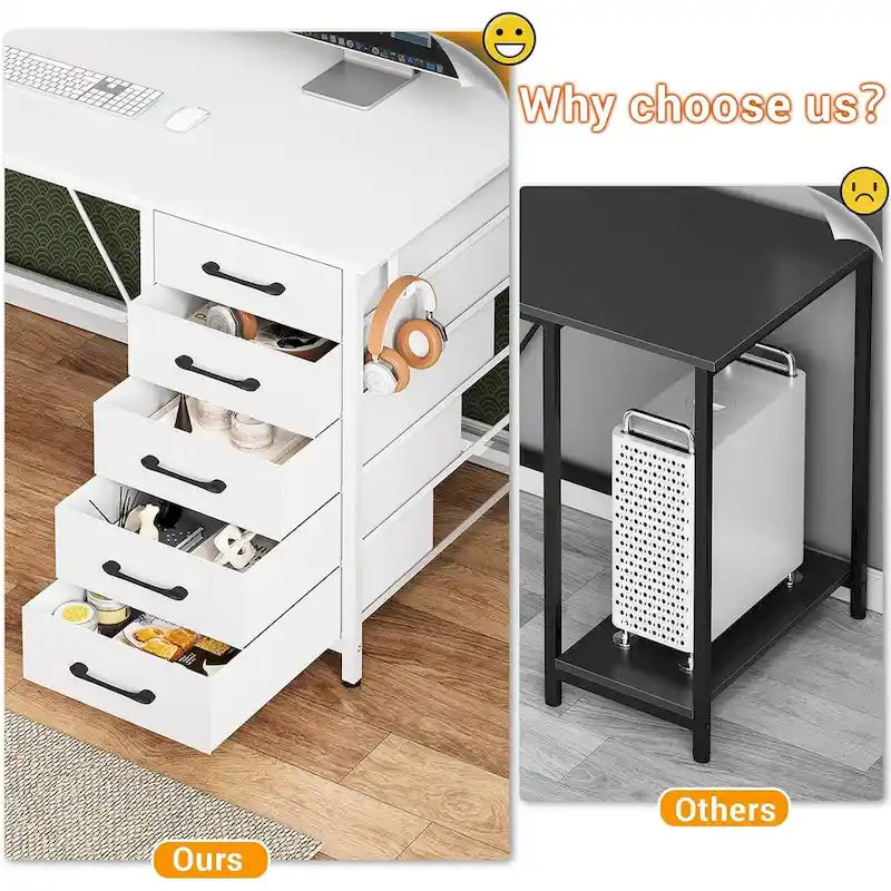 L-Shaped Gaming Desk with Pegboard, 5 Drawers, LED Lights and Power Outlets