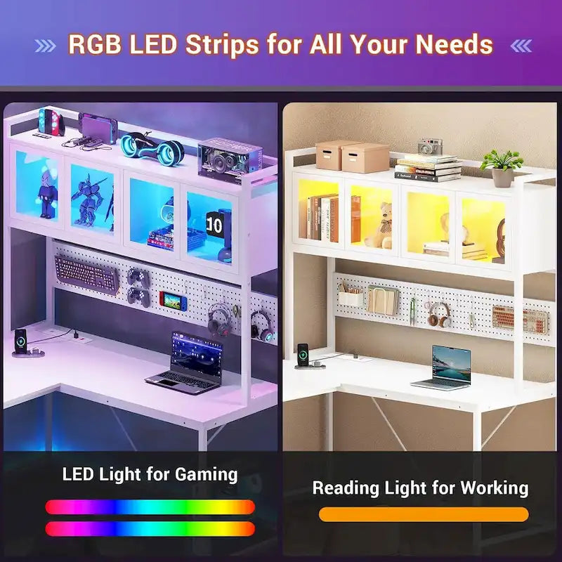 L-Shaped Gaming Desk with Pegboard, 5 Drawers, LED Lights and Power Outlets