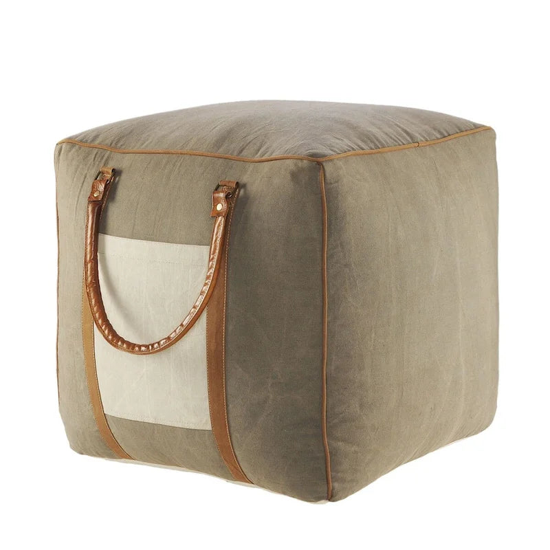 20 Gray Ivory Faux Leather Handmade Square Pouf Ottoman With Handles