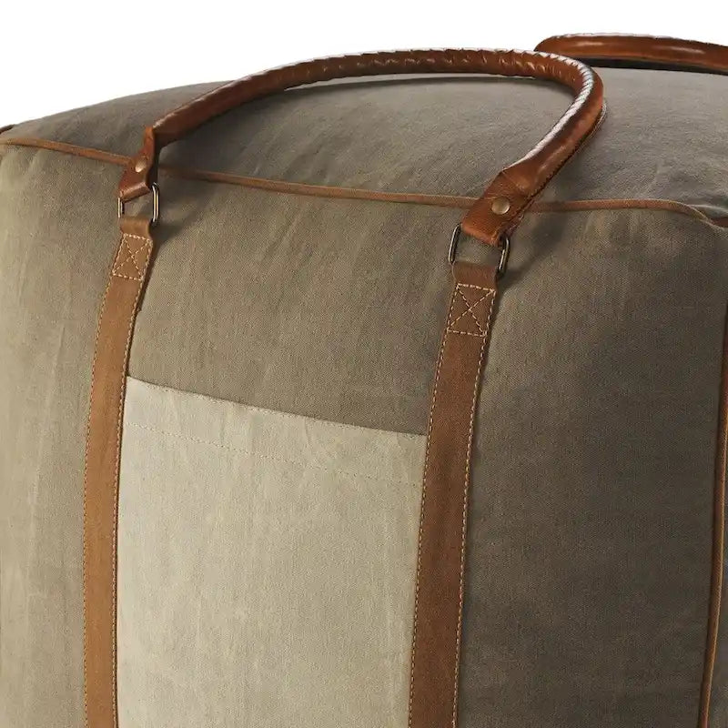 Pouf carré ottoman fait main en faux cuir ivoire gris de 20 po avec poignées