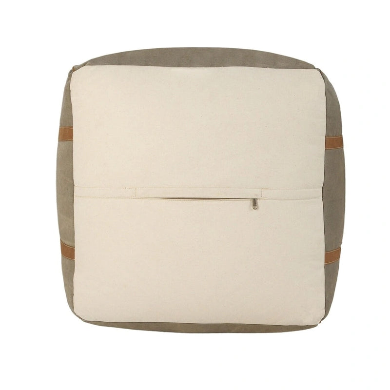 Pouf carré ottoman fait main en faux cuir ivoire gris de 20 po avec poignées
