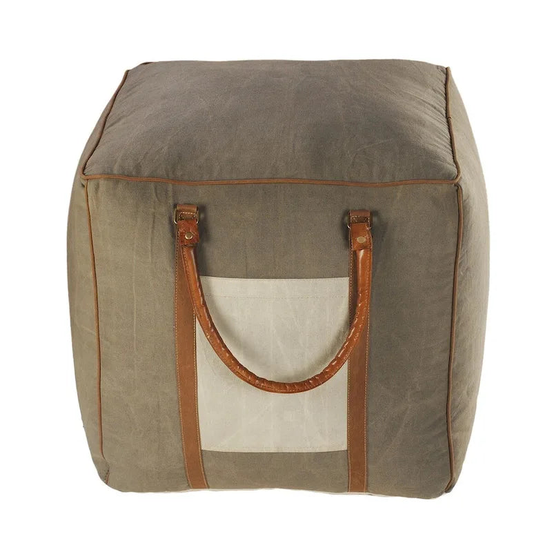 Pouf carré ottoman fait main en faux cuir ivoire gris de 20 po avec poignées