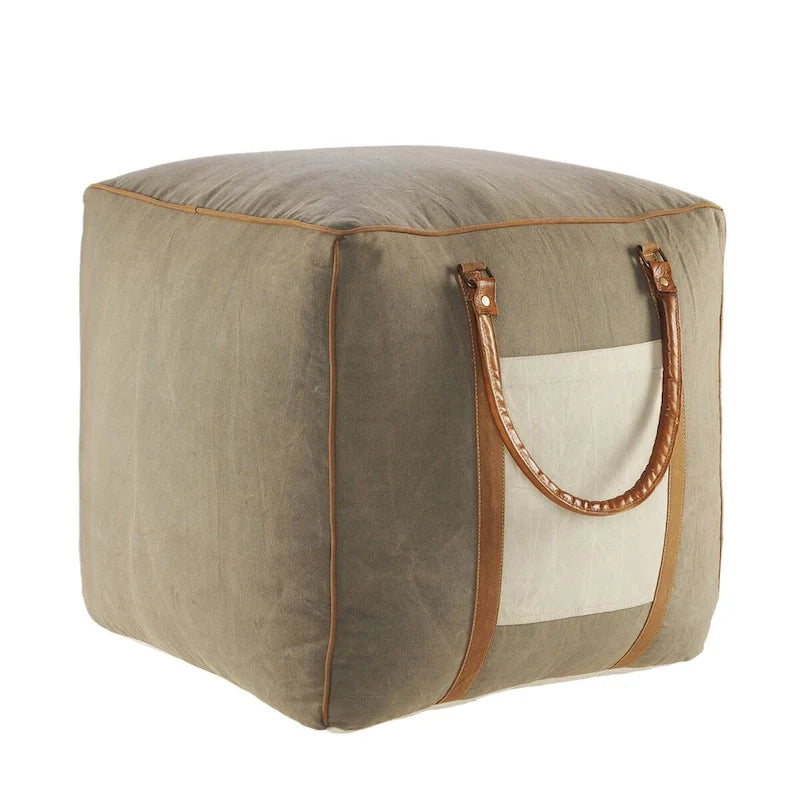Pouf carré ottoman fait main en faux cuir ivoire gris de 20 po avec poignées