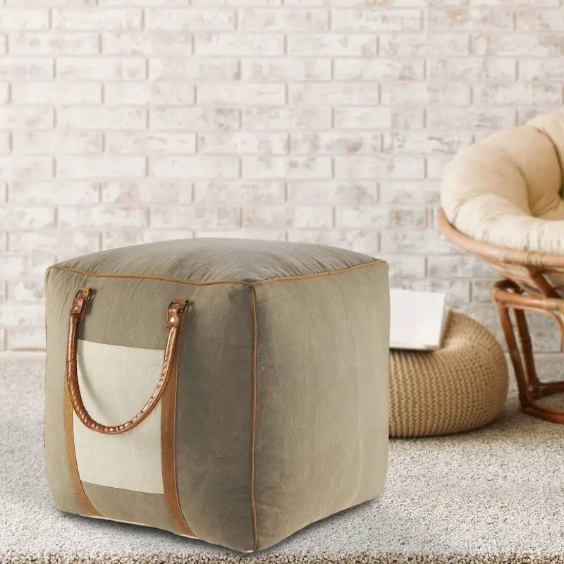 Pouf carré ottoman fait main en faux cuir ivoire gris de 20 po avec poignées