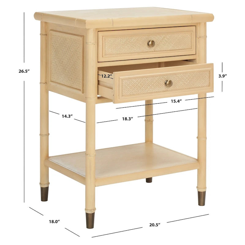 Table d'appoint à 2 tiroirs et 1 étagère avec cadre en bambou