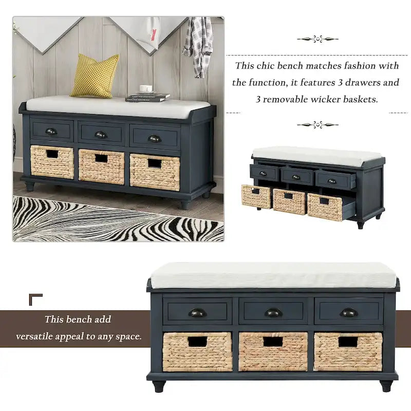 Cognac Brown Woven Leather and Solid Wood Accent Bench