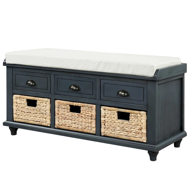 Cognac Brown Woven Leather and Solid Wood Accent Bench