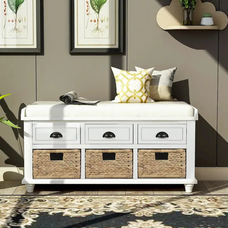 Cognac Brown Woven Leather and Solid Wood Accent Bench
