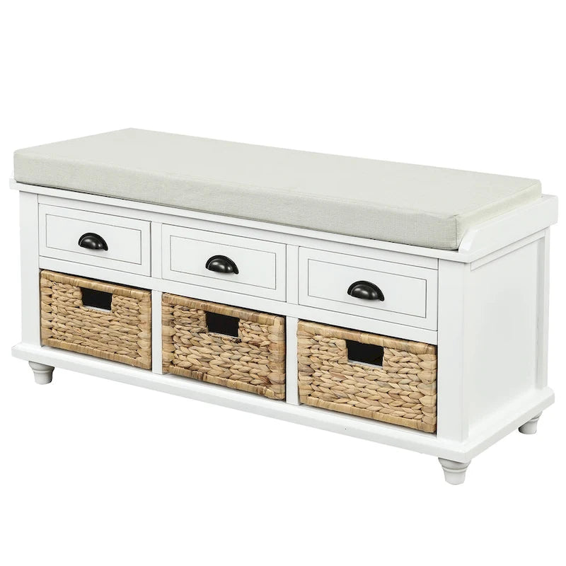 Cognac Brown Woven Leather and Solid Wood Accent Bench