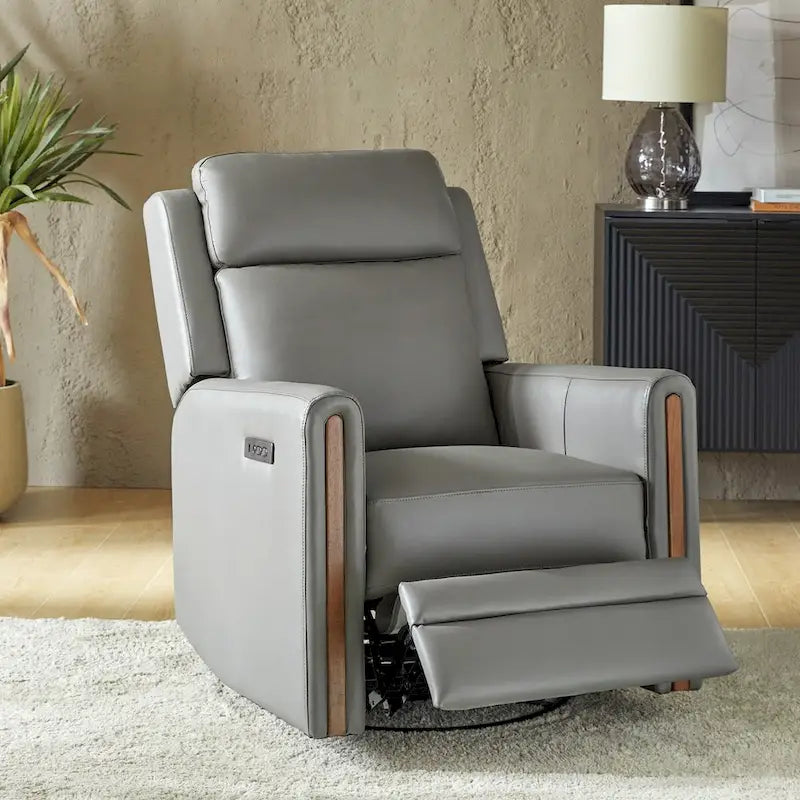 Modern Genuine Leather Rocking Swivel Power Recliner with Adjustable Headrest and Footrest