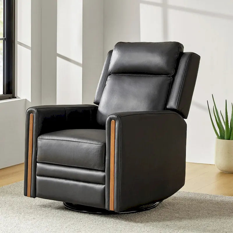 Modern Genuine Leather Rocking Swivel Power Recliner with Adjustable Headrest and Footrest