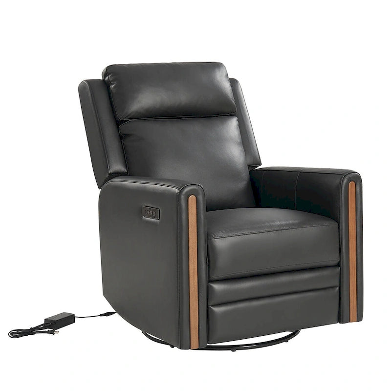 Modern Genuine Leather Rocking Swivel Power Recliner with Adjustable Headrest and Footrest