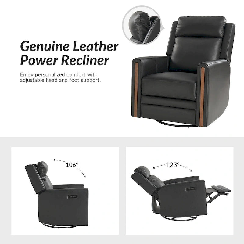 Modern Genuine Leather Rocking Swivel Power Recliner with Adjustable Headrest and Footrest
