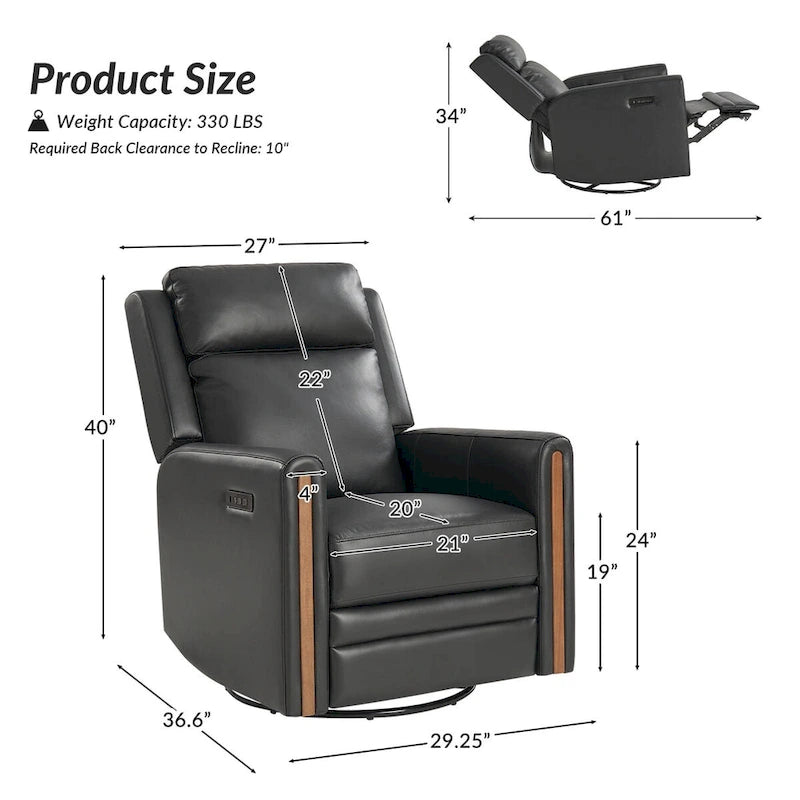 Modern Genuine Leather Rocking Swivel Power Recliner with Adjustable Headrest and Footrest