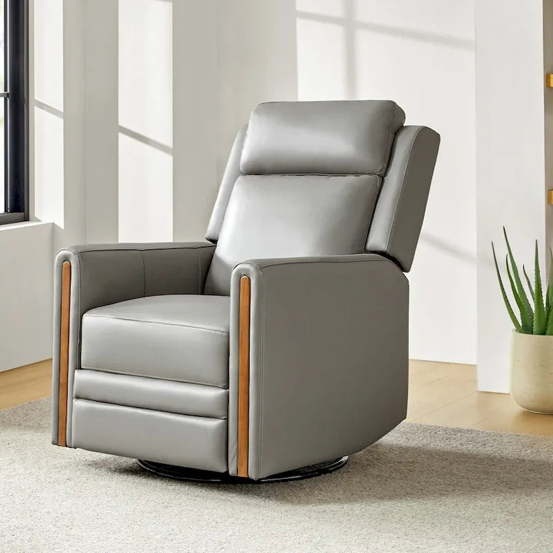 Modern Genuine Leather Rocking Swivel Power Recliner with Adjustable Headrest and Footrest