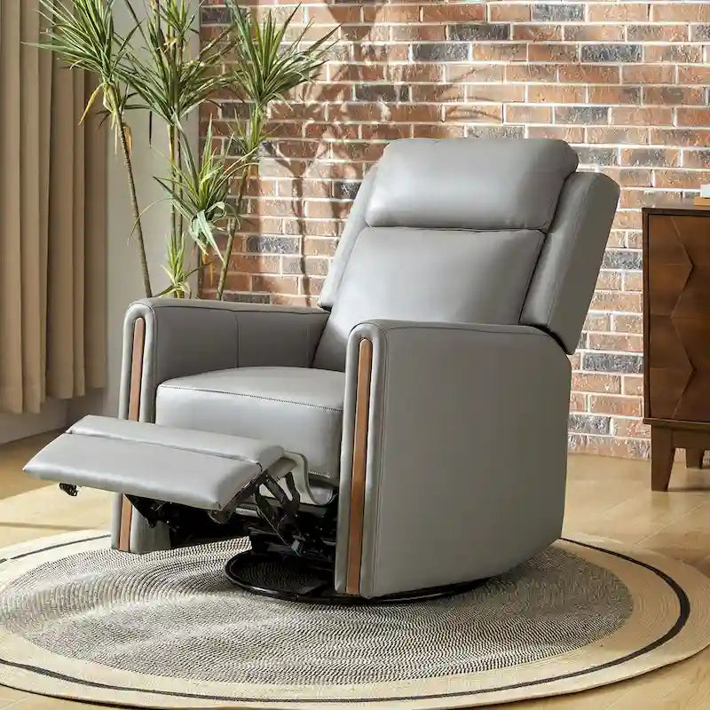 Modern Genuine Leather Rocking Swivel Power Recliner with Adjustable Headrest and Footrest