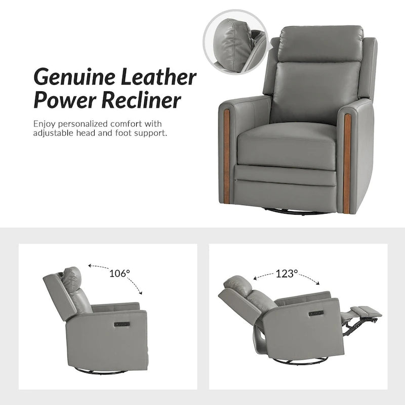 Modern Genuine Leather Rocking Swivel Power Recliner with Adjustable Headrest and Footrest