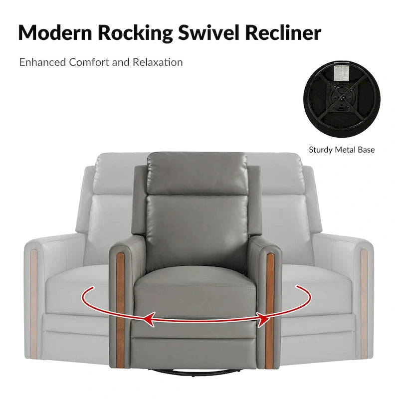Modern Genuine Leather Rocking Swivel Power Recliner with Adjustable Headrest and Footrest
